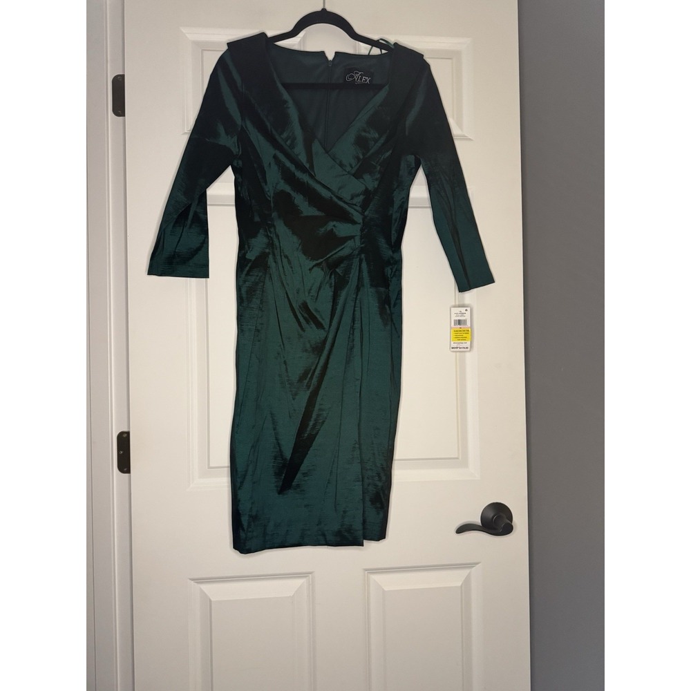Alex Evenings Satin Portrait Collar Sheath Dress Elegant Green 10 Nwt $179